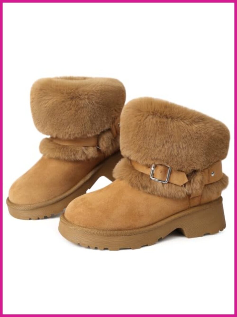 Faux Suede Faux Fur Lined Snow Boots Block Heel Platform Buckle